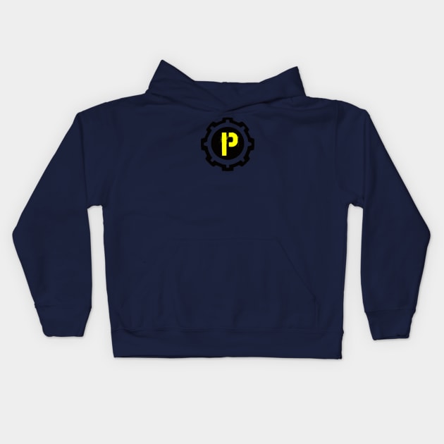 Yellow Letter P in a Black Industrial Cog Kids Hoodie by MistarCo